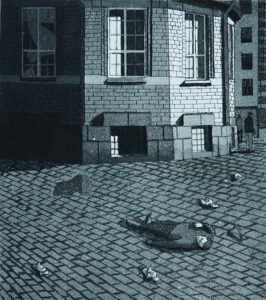 Kuolema iltapäivällä 1982, Akvatinta etsaus, 23,5 x26,5 cm
